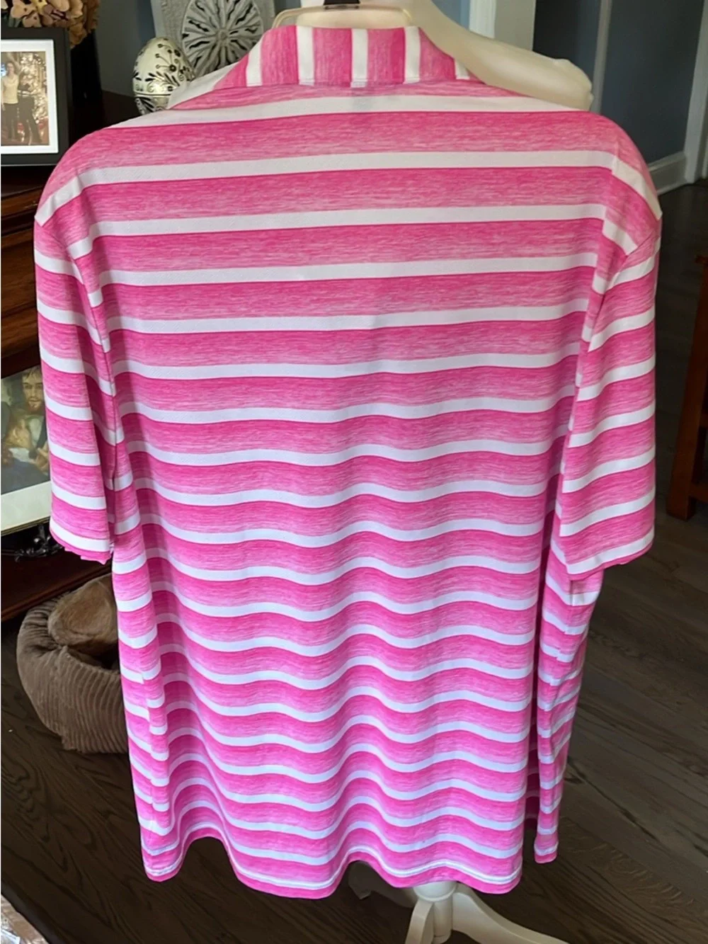 adidas Pink and White Striped Golf Polo